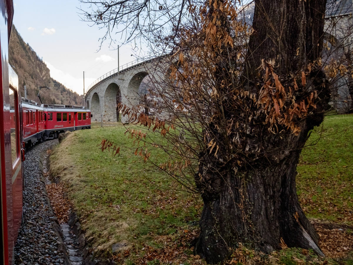 il trenino rosso che sale il viadotto di Brusio il trenino rosso che sale il viadotto di Brusio